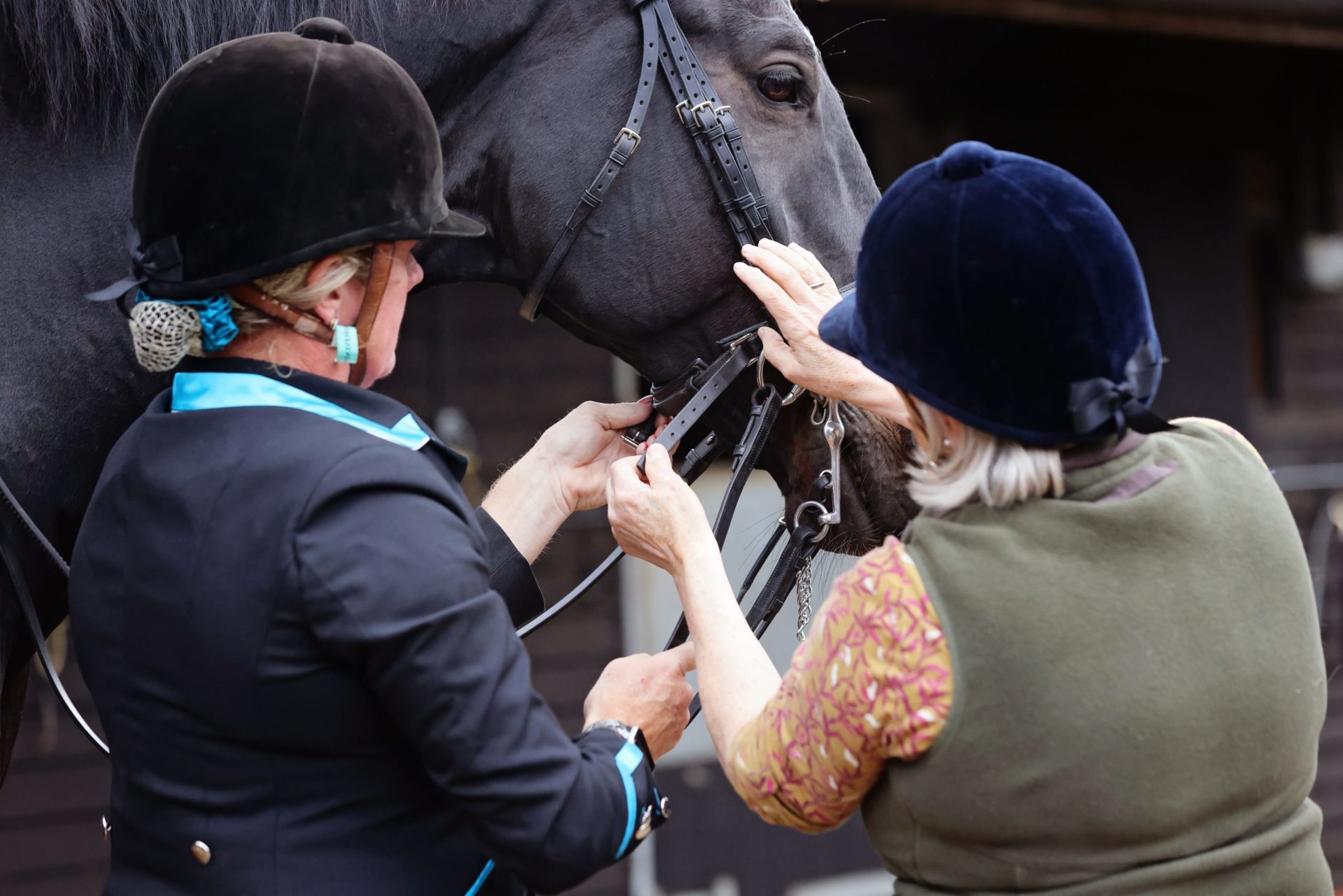 A Bridle Fitter demonstrates correct fitting with a client